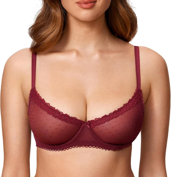DOBREVA Damen Balconette Spitze BH Sexy Durchsichtige Bügel BHS Grosse Grössen 70A Dunkelrot, 70A Du