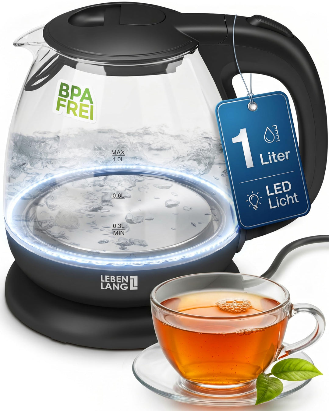 Glas Wasserkocher klein - 1L Inkl. Kalkfilter I By LEBENLANG I BPA-Frei Wasserkocher Glas 1 Liter Gl