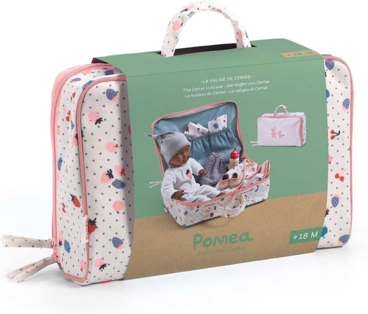 Djeco Puppe Cerise im Koffer | 32 cm weiche Babypuppe mit Zubehör ab 18 Monaten | Schlafaugen, Kleid
