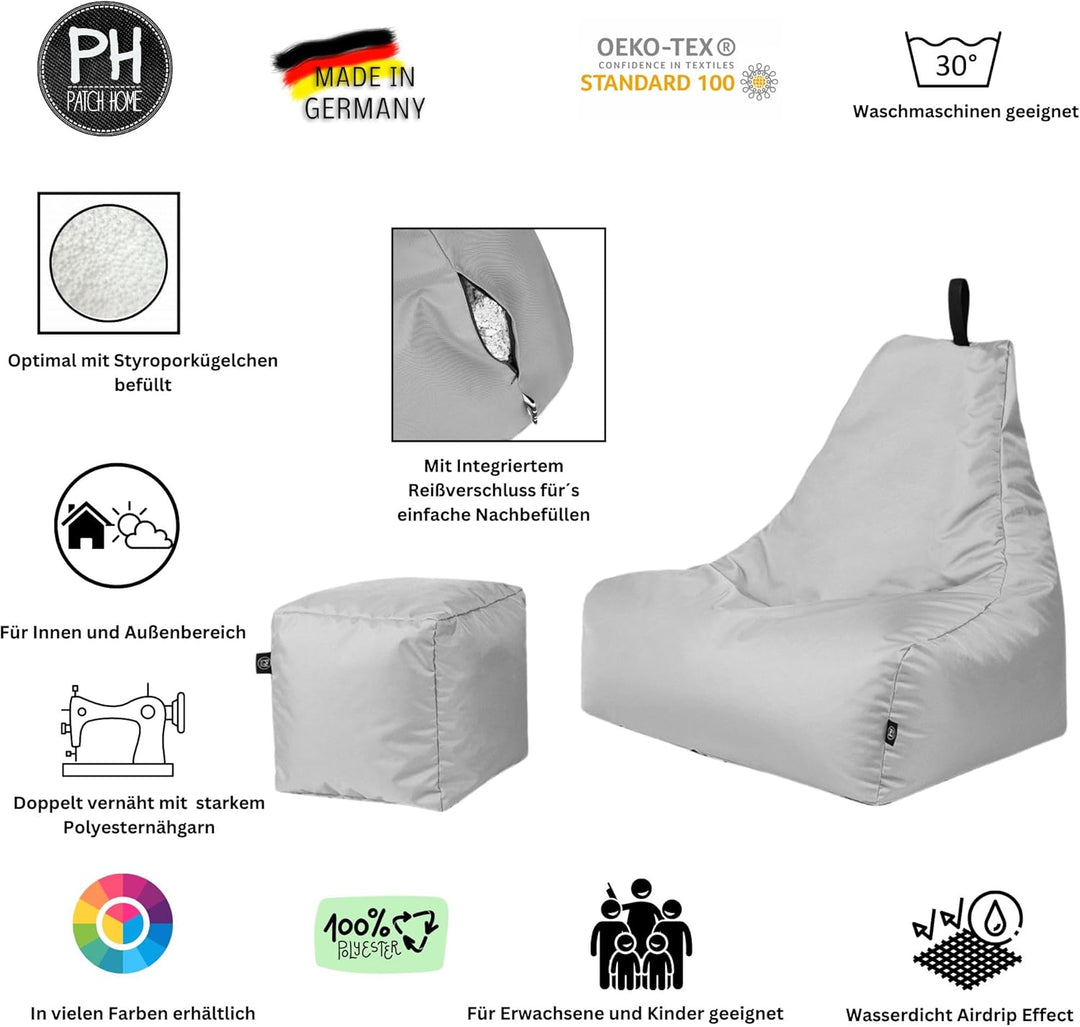 PATCH HOME Patchhome Sitzsack Lounge Sessel + Würfel/Hocker mit Reissverschluss Gamer Sitzkissen fer