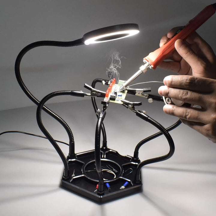 Löten Helfende Hände Werkzeug mit Lupe LED-Licht 6 Arme und Schraubstock Grosse Basis Lötkolben Spit