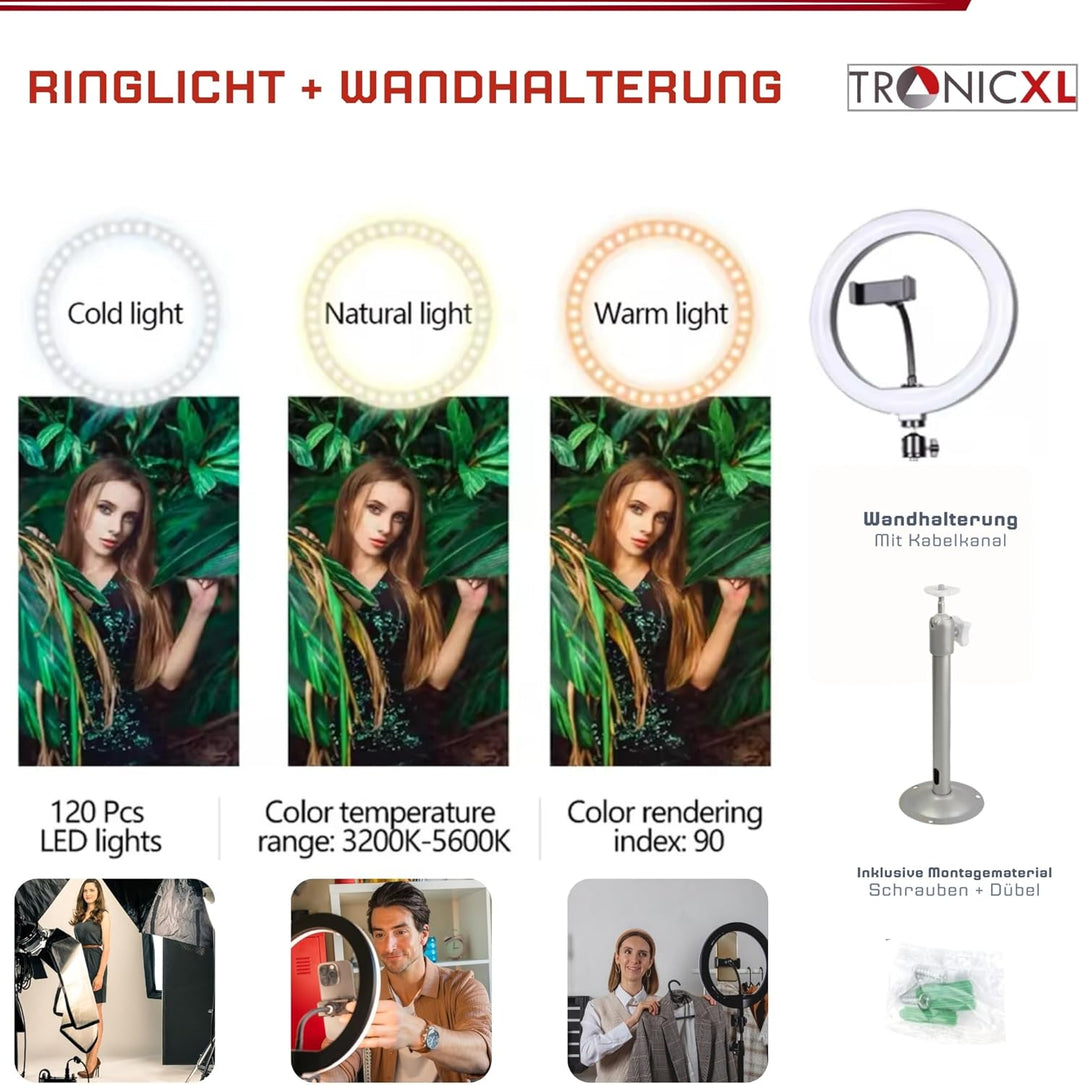 120 LED Ringlicht mit Handy Halterung Wandhalterung Wandmontage Ständer Ringlight mit Smartphone Hal