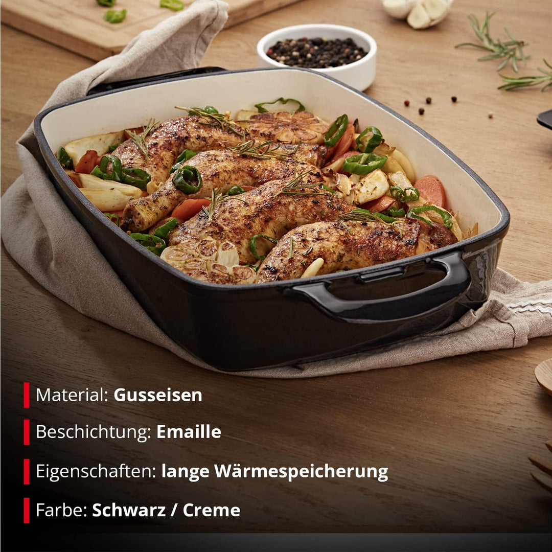 MEISTERKOCH Bräter aus Gusseisen in Schwarz/Creme, 44,5 x 27 cm, 5 Liter Volumen, Induktion, spülmas