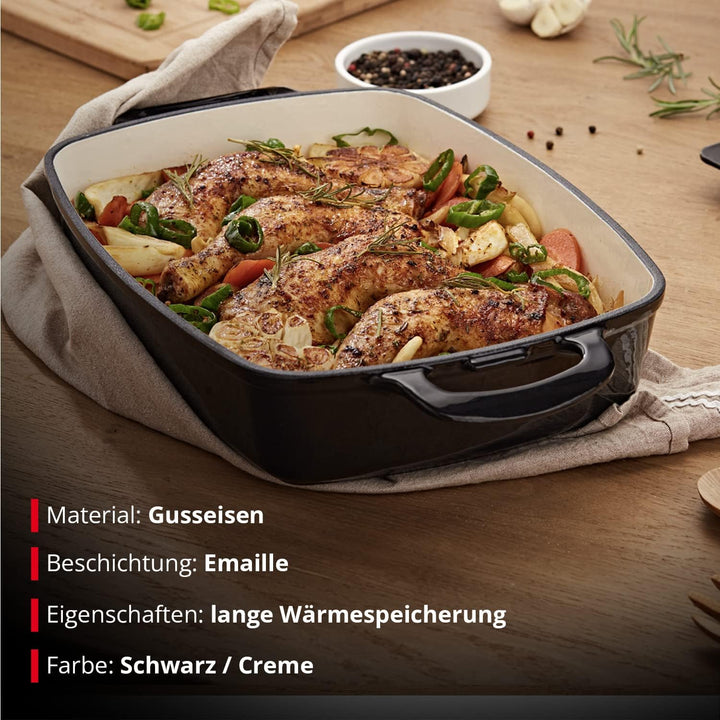 MEISTERKOCH Bräter aus Gusseisen in Schwarz/Creme, 44,5 x 27 cm, 5 Liter Volumen, Induktion, spülmas