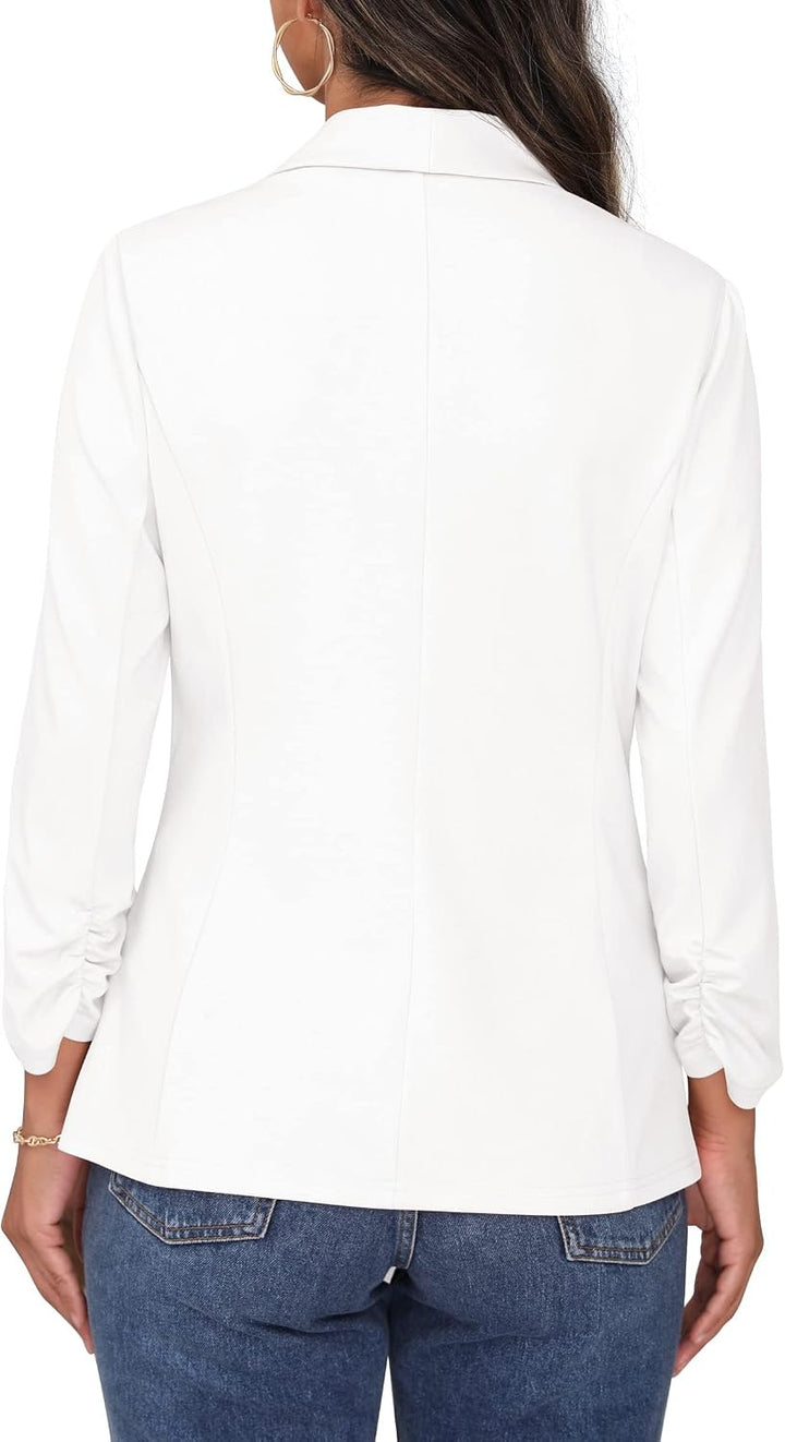 PrinStory Blazer Für Damen 3/4 Geraffte Ärmel Blazer Geschäft Büro Blazer Anzug Sportlich Jack Trenc
