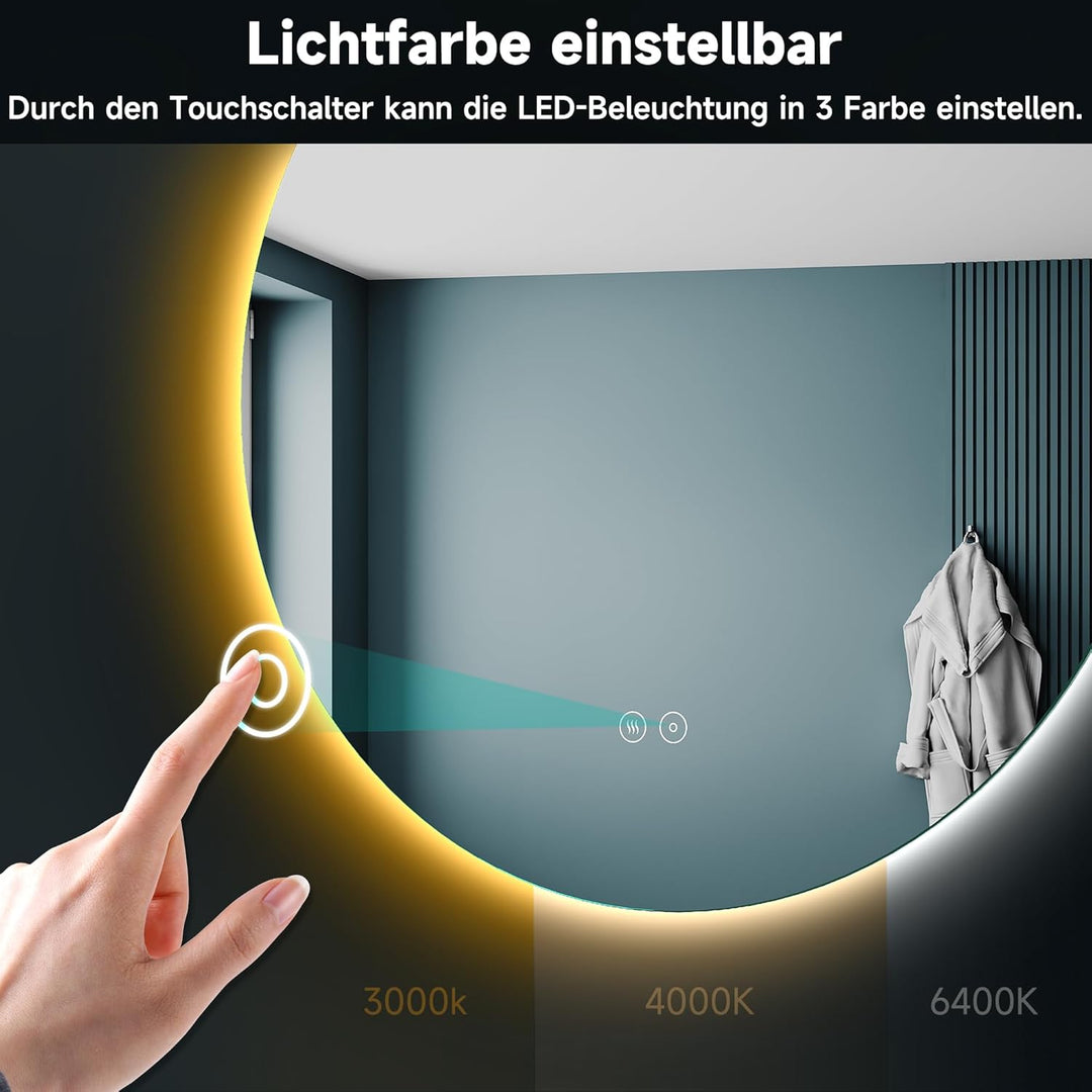 SONNI Badspiegel rund 60 cm mit LED‑Beleuchtung, 3 Farbtemperaturen, dimmbar, Memoryfunktion, Touchs