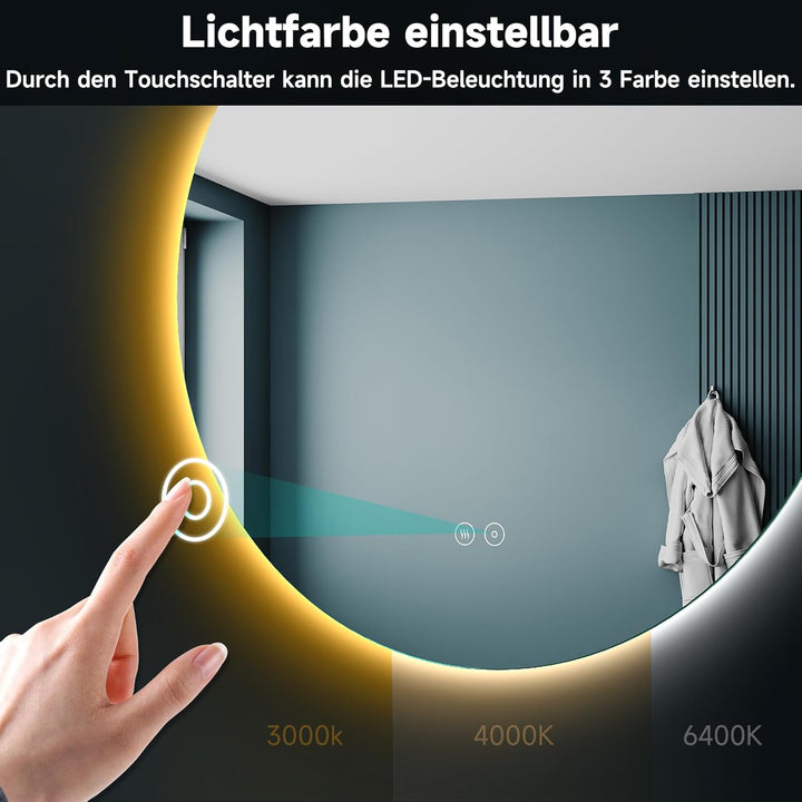 SONNI Badspiegel rund 60 cm mit LED‑Beleuchtung, 3 Farbtemperaturen, dimmbar, Memoryfunktion, Touchs