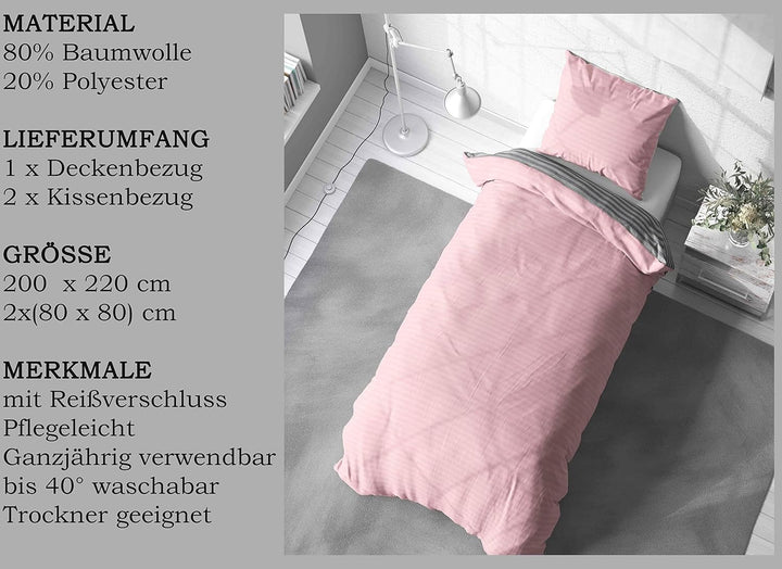 Leonado Vicenti Bettwäsche Baumwolle 200x220 cm Rosa Grau Wendebettwäsche Bezug mit Doppel Kissenbez
