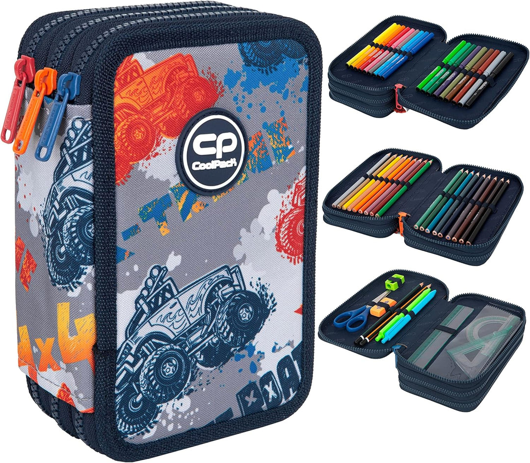 Goldkids Federtasche 3-fache Federmappe Offroad Federmäppchen 46-teilig gefüllte Schüleretui Stifte