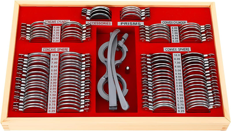 Konfiur 104X Testlinsen-Set, Glas + Metall Brillenglassatz, Kunststoffrand-Optometrie Trial Lens Kit