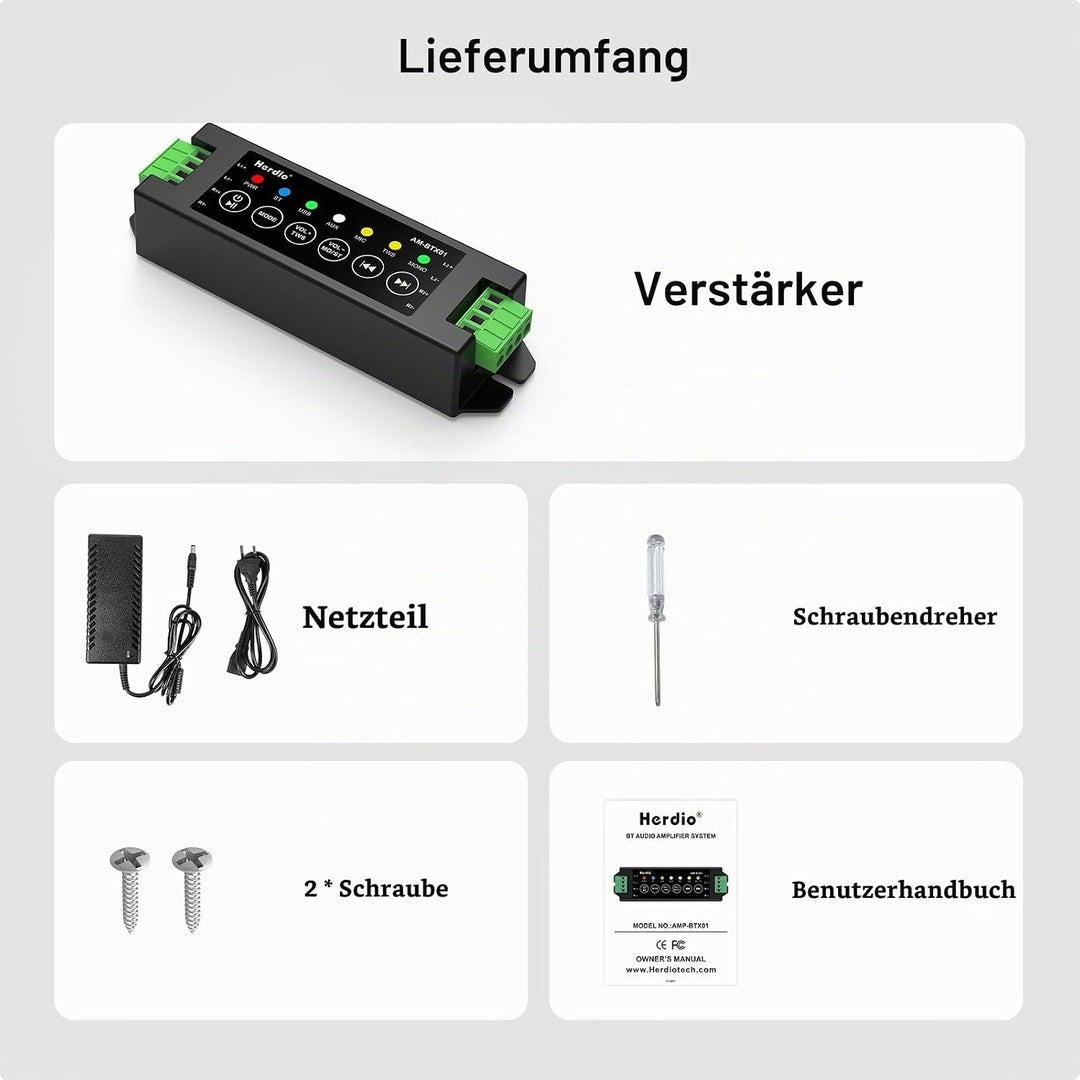 Herdio 4-Kanal-Verstärker Bluetooth 5.0 Amp Receiver 200W Ausgangsleistung mit 24V5A AC-DC Netzteil