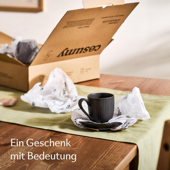 Cosumy Espressotassen Schwarz Matt mit Untertassen 6er Set - 90ml - Streifenmuster Keramik - Spülmas