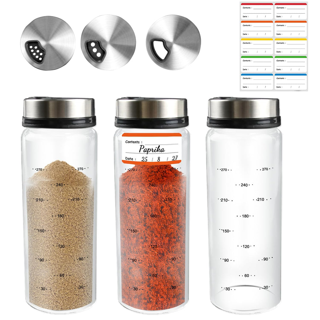 3 Stück Gewürzgläser mit Drehdeckel, 300ml Borosilikatglas Gewürzstreuer Round mit 4 Arten, Luftdich
