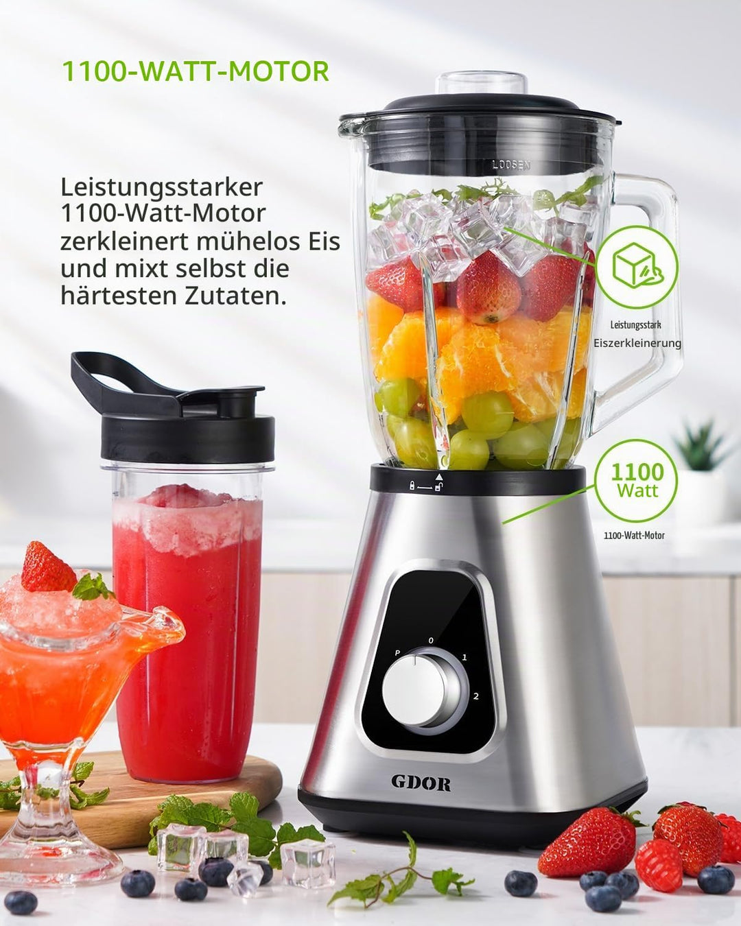 GDOR Standmixer 1100W, Mixer Smoothie Maker mit 1,5L Glaskrug und 650ml Reisebecher Professionell Ho