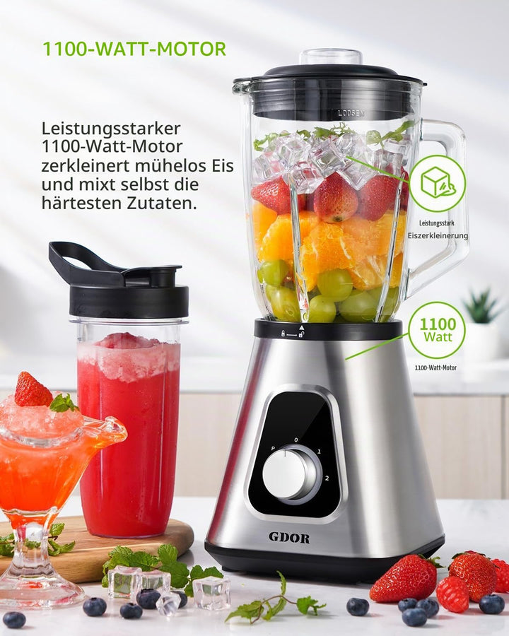 GDOR Standmixer 1100W, Mixer Smoothie Maker mit 1,5L Glaskrug und 650ml Reisebecher Professionell Ho