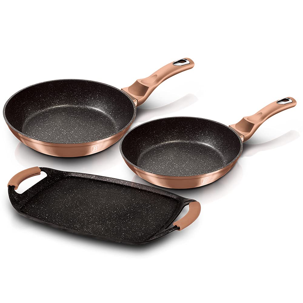 Berlinger Haus Rose Gold Set Bratpfannen Induktion 22-26cm, 1 Grillplatte 36x23cm Aluminium, Antihaf
