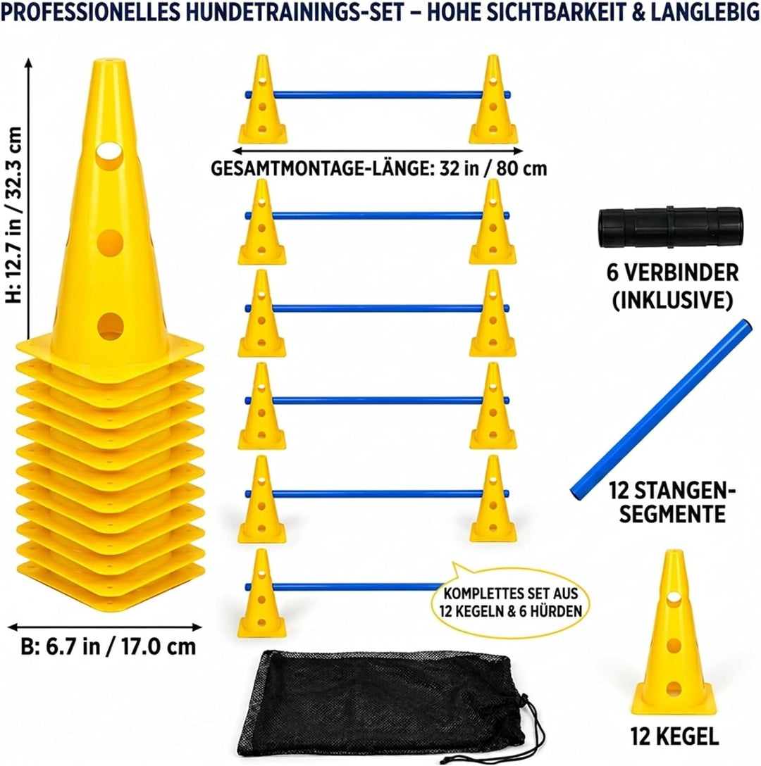 Agility Set Hunde mit 6 Hürden, Cavaletti Hund Trainingsset, 12 Verstellbare Stangen & 12 Pylonen, H