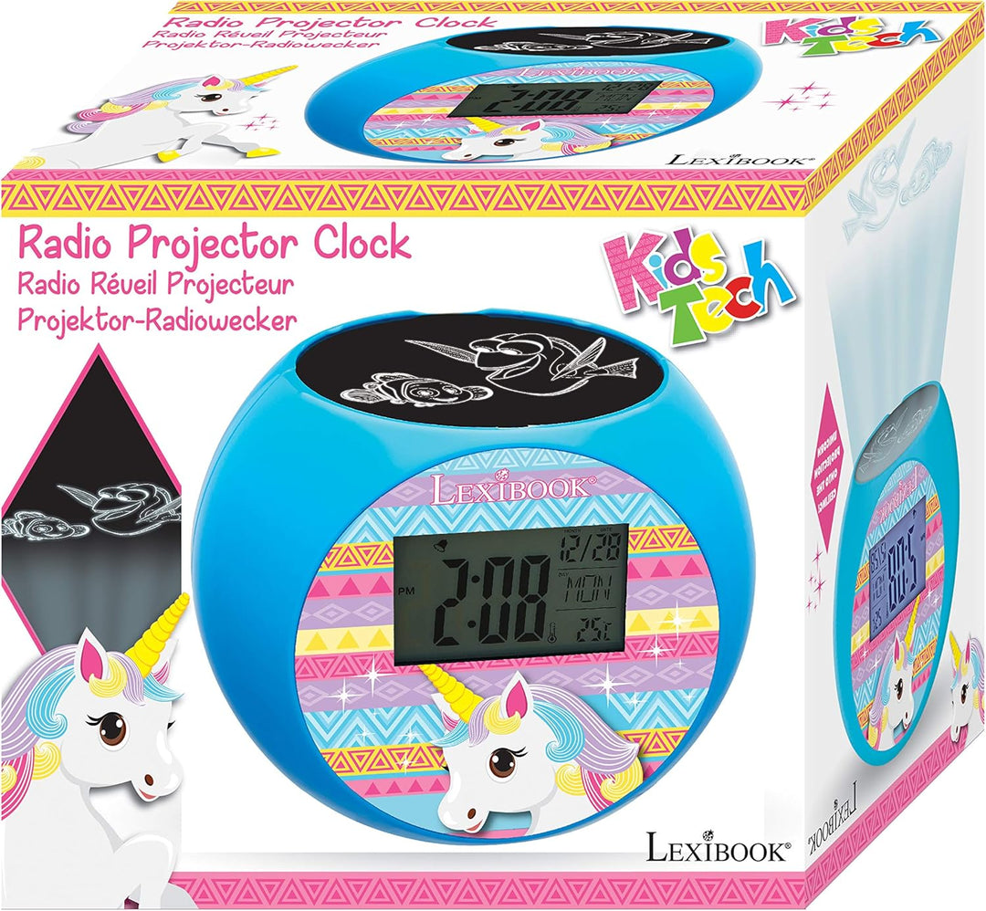 Lexibook Einhorn Unicorn Projektor-Radiowecker, Soundeffekte, Batterien, Blau, RL975UNI, Einhorn