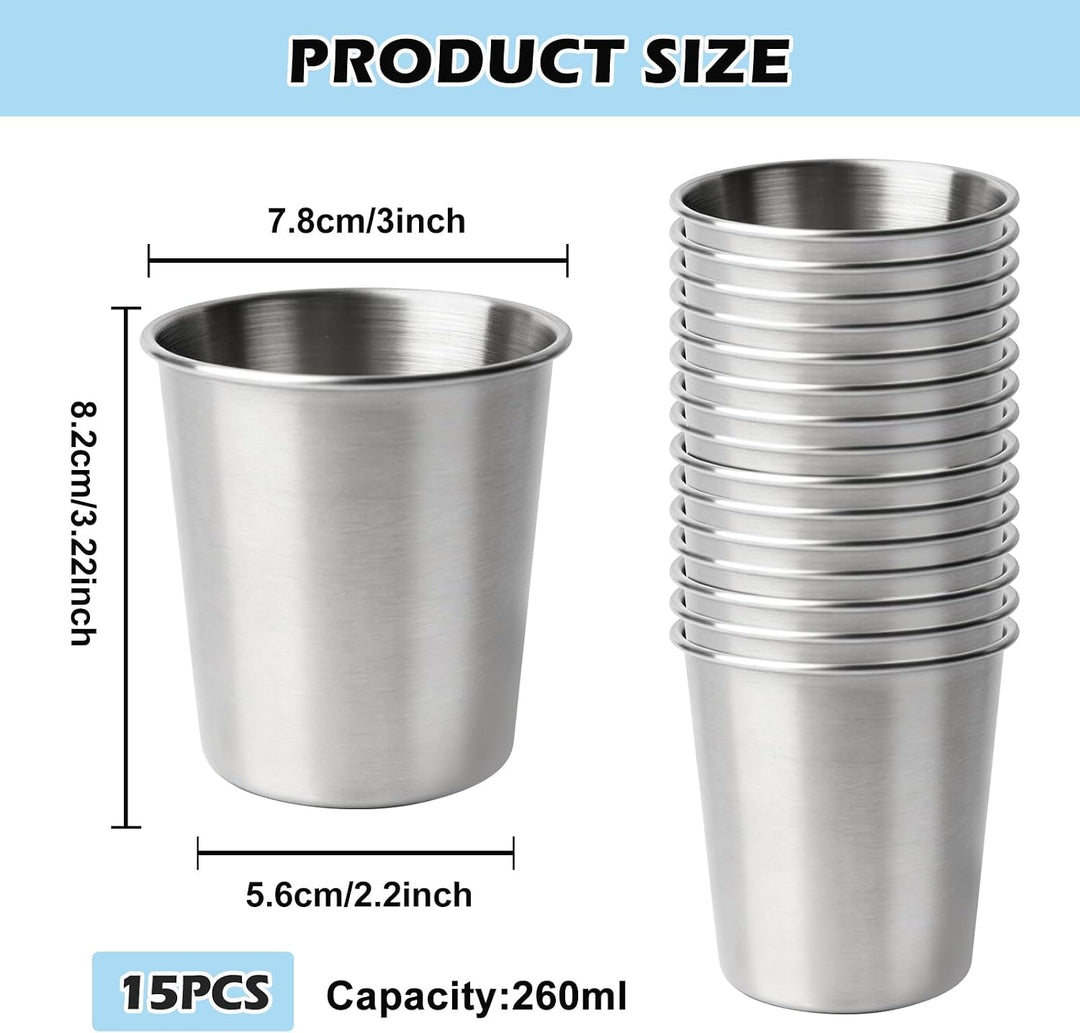 15 Stück Edelstahlbecher 260 ml, Edelstahl Becher Set, Camping Becher, Stapelbar Trinkbecher Schnaps