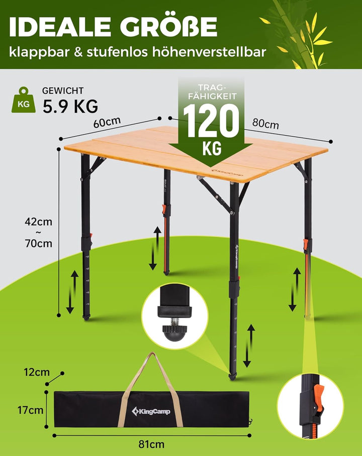 KingCamp Bambus Campingtisch Höhenverstellbar (42-70 cm) – Klapptisch aus Bambus, 120 kg Tragkraft,
