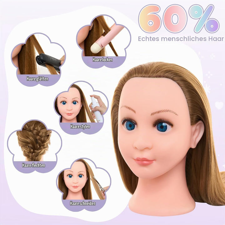 Neverland Beauty 22" Frisierkopf 60% Echthaar Übungskopf - Puppenkopf zum Frisieren Trainingskopf fü