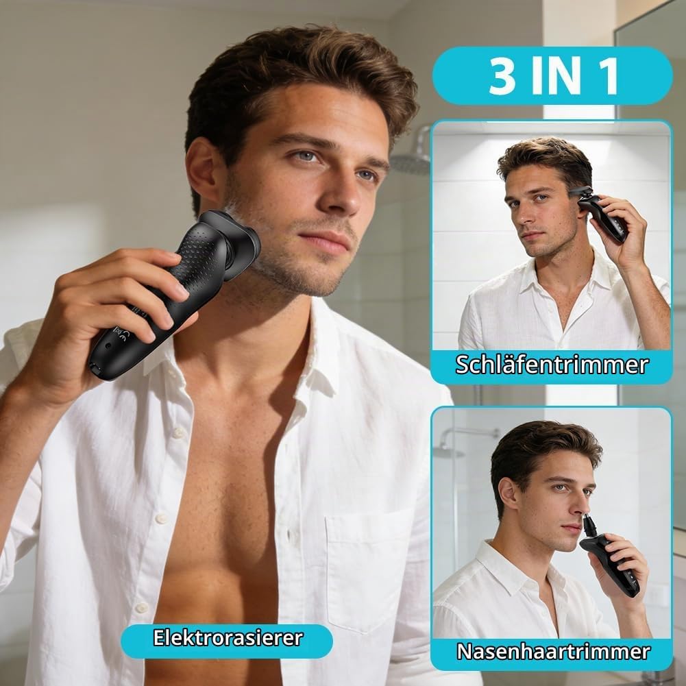 Aolso Rasierer Herren Elektrisch, 3 IN 1 Elektrorasierer mit Nasen-/Kotelettenaufsatz, IPX6 Waterpro