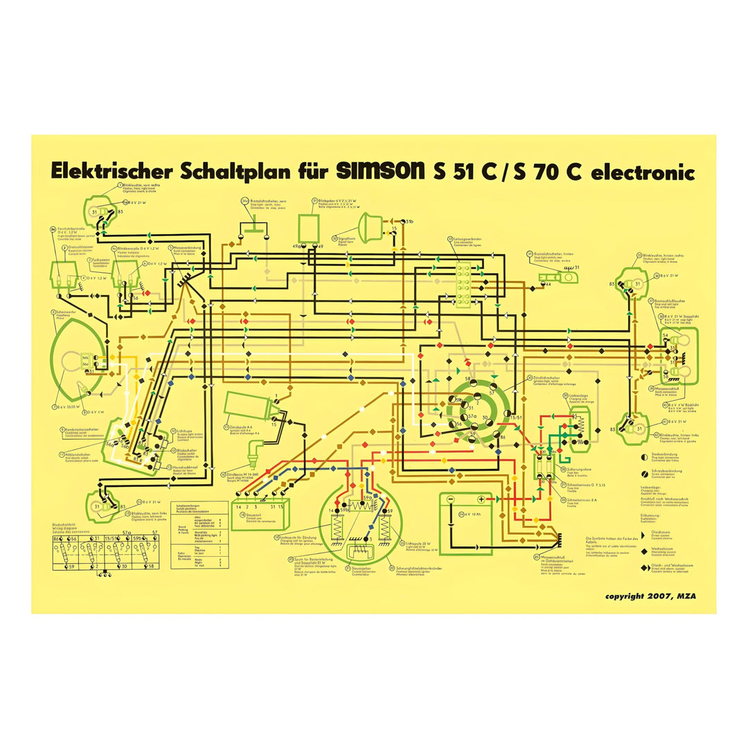 Schaltplan Farbposter (40x57cm) S51C, S70C - 6V-Elektronic (elektronische Zündung) (beiseitig Glanzc