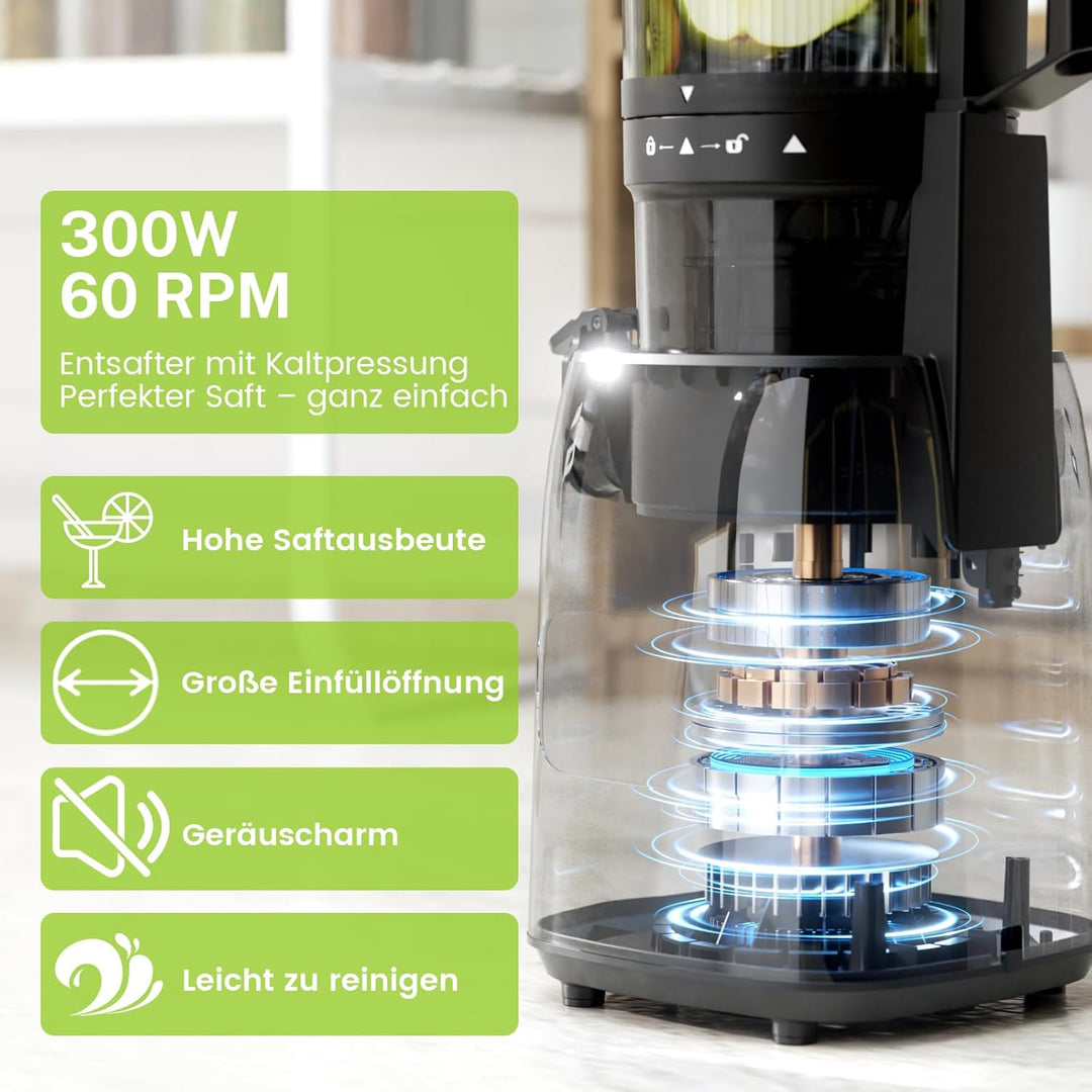 Kismile Entsafter, Slow Juicer mit 135 MM XL-Einfüllschacht, Hohe Saftausbeute für Ganze Gemüse und
