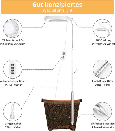 Sondiko LED Pflanzenlampe, Pflanzenlampen Vollspektrum Bis Zu 140 CM Höhe Mit 72 LEDs, 3 Beleuchtung