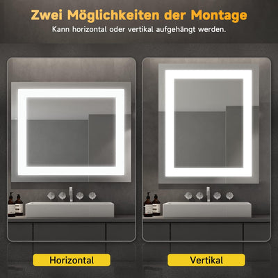 Elegant Badspiegel mit LED-Beleuchtung Energiesparend Lichtspiegel 60 x 50 cm kaltweiss IP44 Badezim