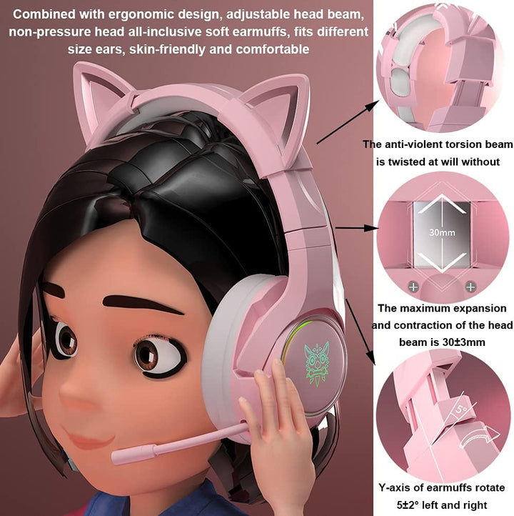 Gaming-Headset Pink, Niedliches Katzenohr-Headset, 7.1-Surround-Sound-Gaming-Headset Mit Einstellbar