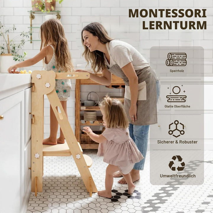 labebe Klappbar Lernturm für Kinder, Montessori Learning Tower mit Zweiseitige Tafel, 3 in 1 Einstel