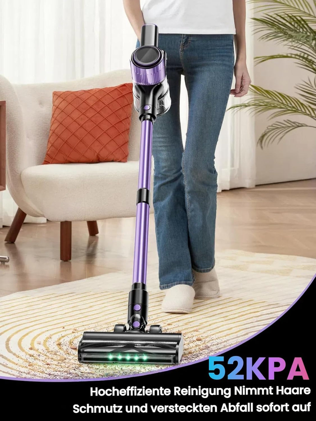 Akku Staubsauger, 45KPA/500W/45Mins Staubsauger Kabellos mit LED Display, Ausziehbarer Schlauch, Ant