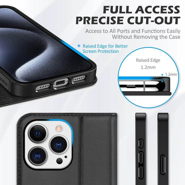SHIELDON Hülle für iPhone 15 Pro Max, Handyhülle TPU [Echtleder] [Kartenfach] [Magnet] [Stand] [RFID