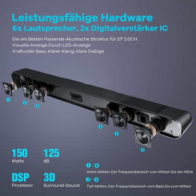 Heymell 150W Soundbar für TV Geräte,TV Lautsprecher Mit 6 Lautsprechern, TV Soundbar Klare Sound ohn