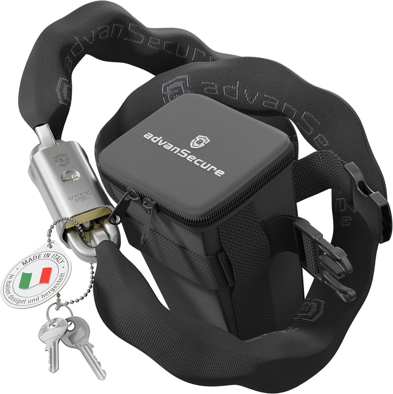 advanSecure® Hochsicherheits-Kettenschloss mit Satteltasche | optimal für E-Bike | max. Sicherheitss