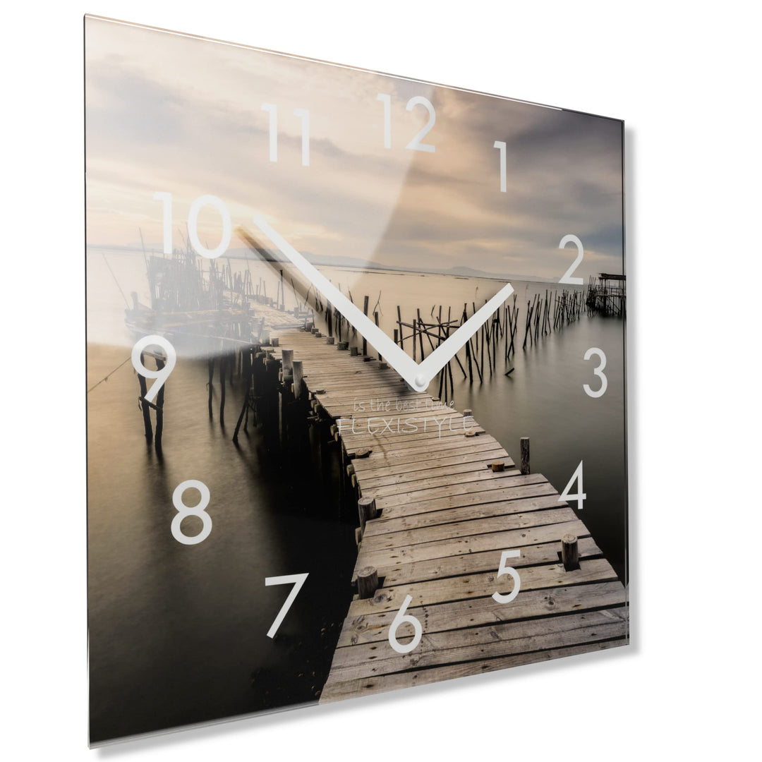 FLEXISTYLE Wanduhr küche Wohnzimmer 30 x 30 cm, aus Glas, mit Direktdruck eckig modern (HERBSTBRÜCKE