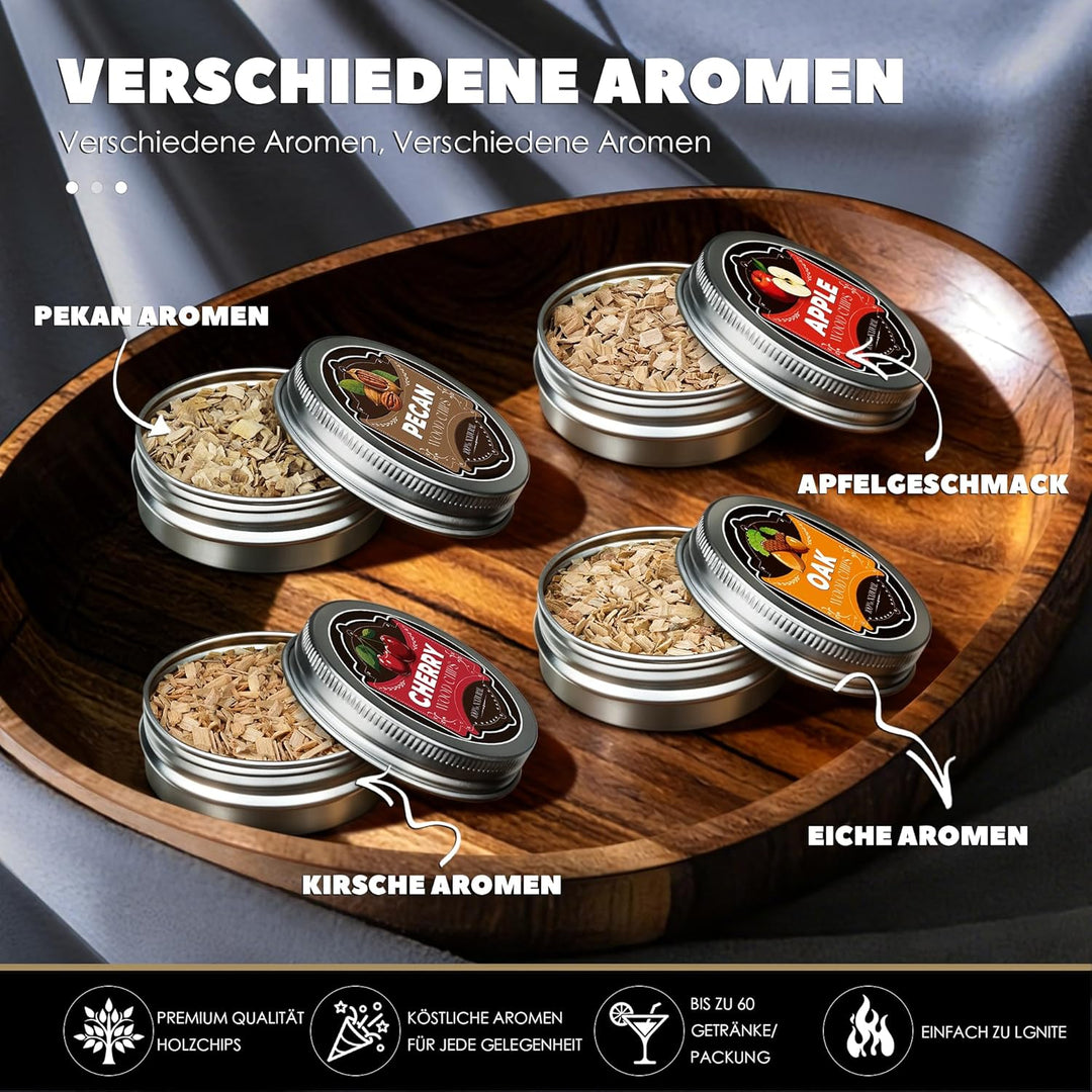 Whisky Räucher Set komplett mit Brenner und Holz-4 Geschmacksrichtungen, Cocktail Räucher Set mit Fl