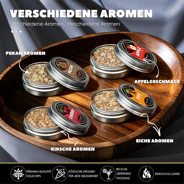 Whisky Räucher Set komplett mit Brenner und Holz-4 Geschmacksrichtungen, Cocktail Räucher Set mit Fl