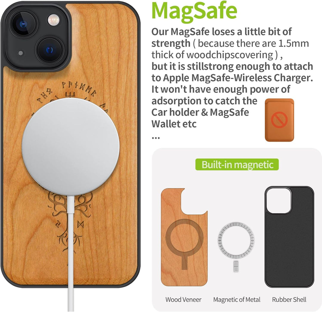 Carveit Magnetisch Hülle für iPhone 13 [Elegante Kirschholz] [Weich TPU Stossstange] Stossfeste Hand