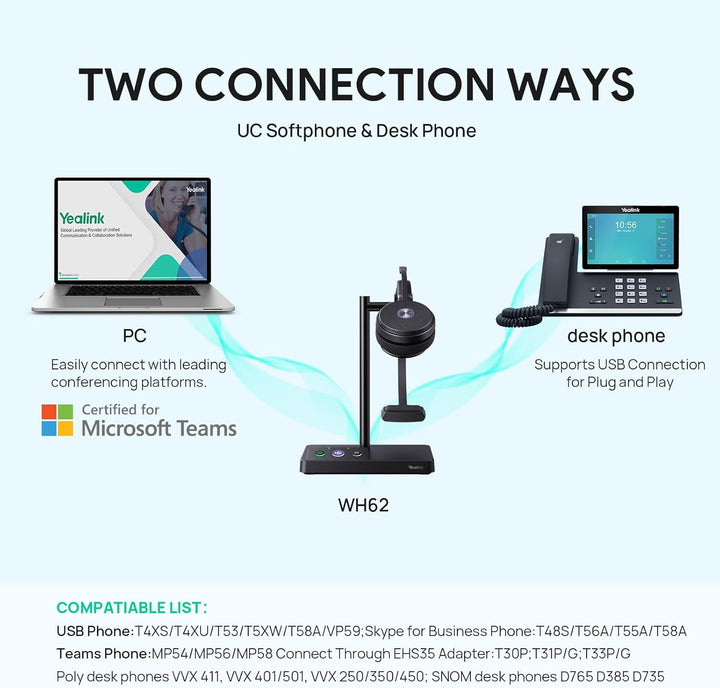 Yealink WH62 Schnurloses DECT-Headset Teams Zertifiziert, EIN-Ohr-Büro-Headset für Tischtelefon und