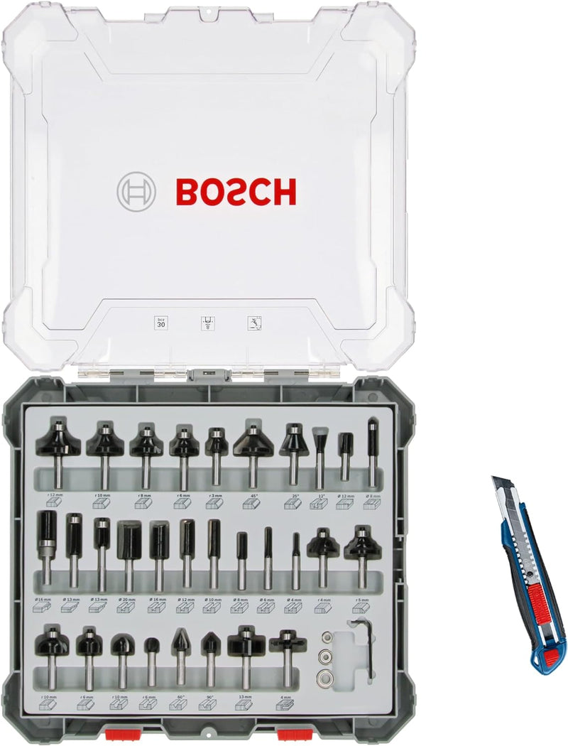 Bosch Professional 30tlg. Fräser Set mit Cuttermesser (für Holz, Ø 8 mm Schaft, Zubehör Oberfräse)