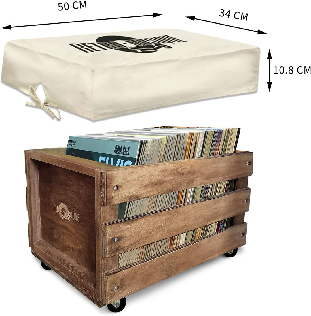 Retro Musique Aufbewahrungsbox aus Holz für bis zu 100 Alben (in PVC-Hüllen) mit Sackleinen-Stoffbez