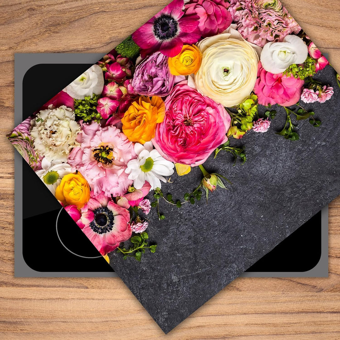 SmartDecoration Herdabdeckplatte Ceranfeldabdeckung aus Glas 60x52 cm Einteilig Motiv "Blumen" Rosa
