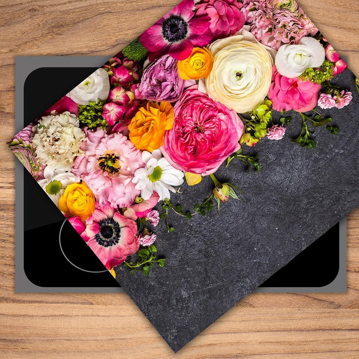 SmartDecoration Herdabdeckplatte Ceranfeldabdeckung aus Glas 60x52 cm Einteilig Motiv "Blumen" Rosa