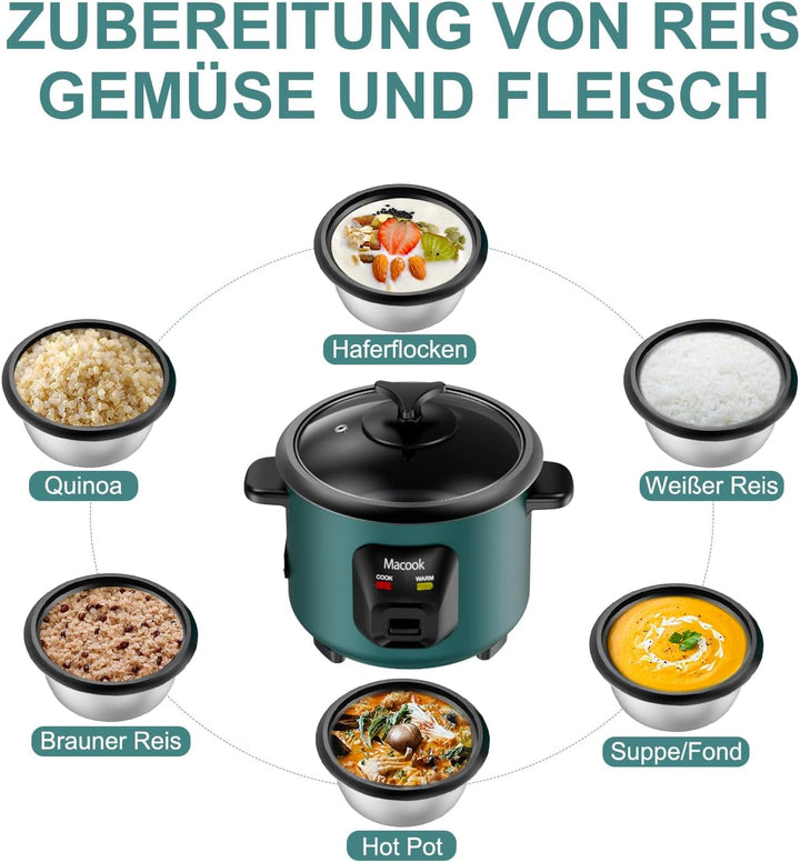 0.6 L Mini-Reiskocher 3-Tassen ungekocht, Macook Tragbarer Antihaft-Reis-Kocher, 15 Minuten schnelle