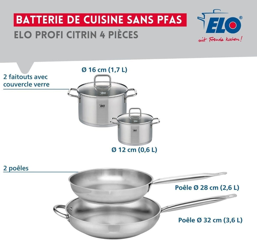 ELO 9508350 Kochgeschirr-Set, 4-teilig, 2 Bratpfannen 28 und 32 cm und 2 Kochtöpfe 12 und 16 cm Elo