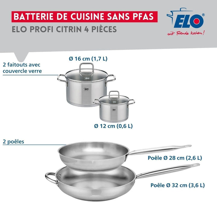 ELO 9508350 Kochgeschirr-Set, 4-teilig, 2 Bratpfannen 28 und 32 cm und 2 Kochtöpfe 12 und 16 cm Elo