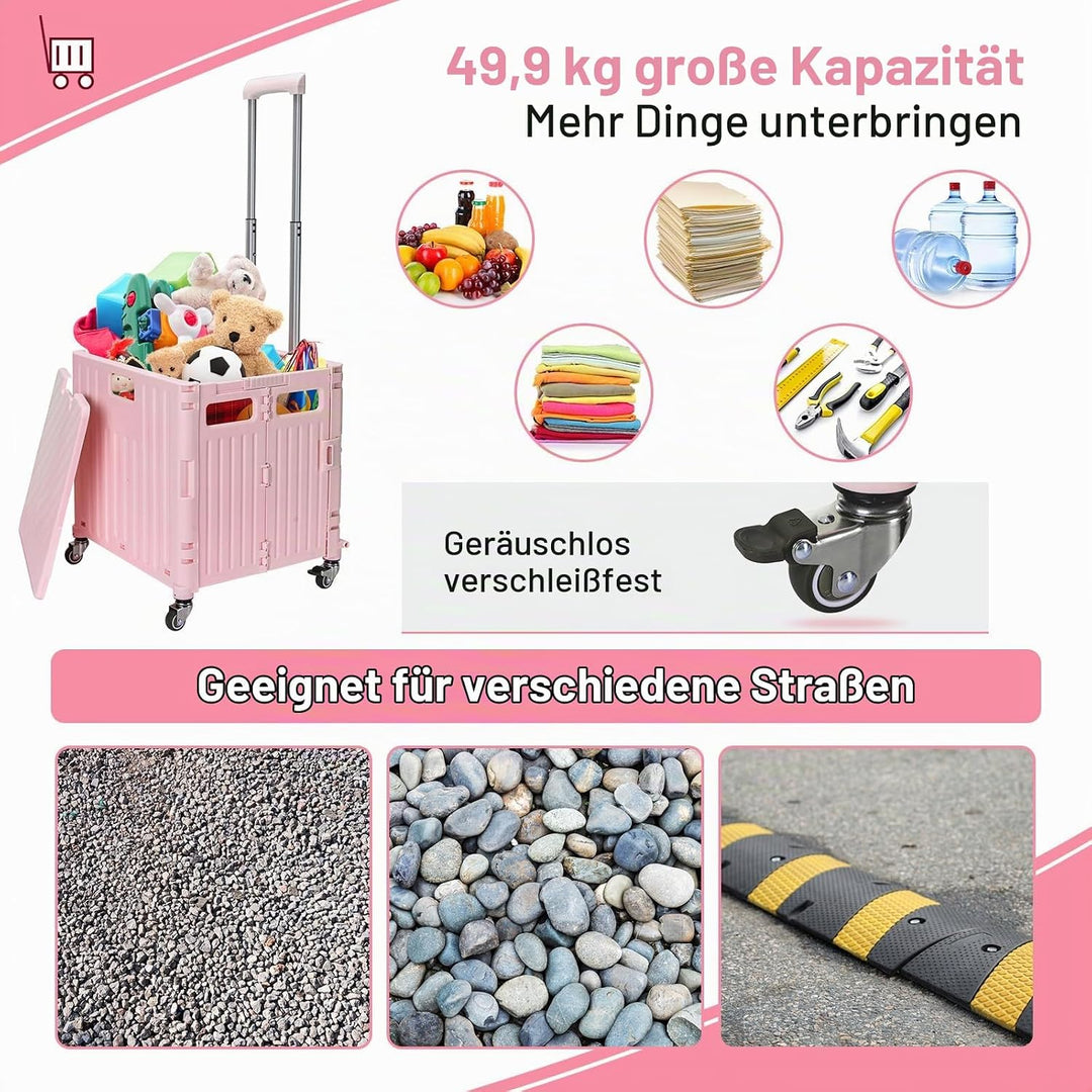 Einkaufstrolley Klappbar, Einkaufstrolley mit Deckel 65L bis 40KG, Kunststoff Einkaufswagen Klappbar