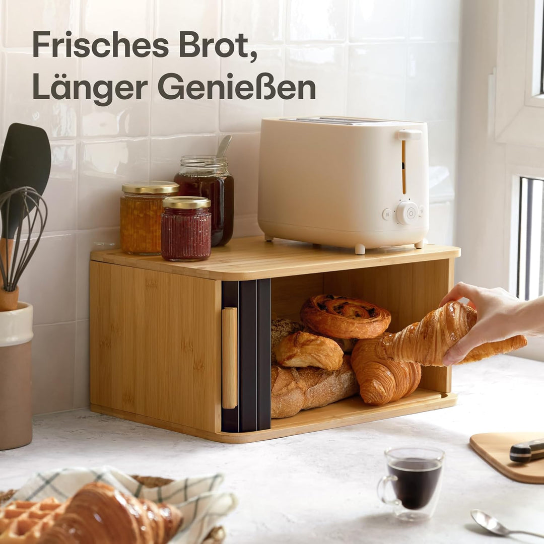 Praknu Brotkasten Gross aus FSC® Holz mit Schiebetür - Brotaufbewahrung 40x28cm - Platzsparend und s